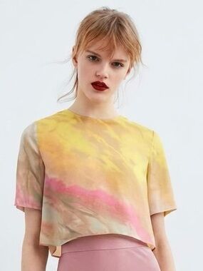NWT ZARA Yellow and Pink Tie Dye Watercolor Short Sleeve Satin Effect Crop Top M